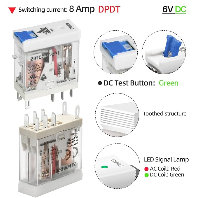 6 Volt Electromagnetic Power Relay with Test Button Coil 8Amp 8 Pins DPDT with Indicator Light and Socket Base UL CE TUV Certification