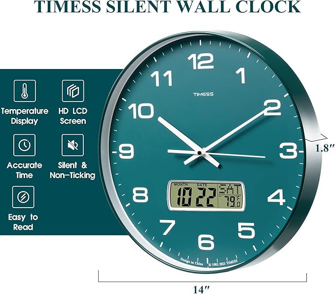 TIMESS Wall Clock, 14" Large Dial Non-Ticking Silent Battery Operated Analog with LCD Display for Perpetual Calendar and F° Temperature, Ideal Modern Home, Bedroom, Kitchen, Office Decor(Green)