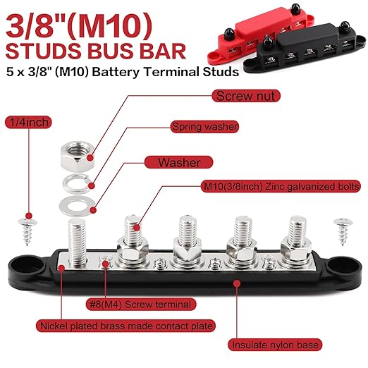 Tuijodaix 300A Bus Bar 5 Post 12V-48V DC Power Distribution Block,5 * 3/8"(M10) Battery Terminal Studs with Cover and Wire Lugs for Wiring,Automotive,Marine,Battery busbar (Red&Black)