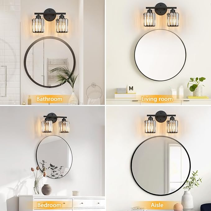 FDPBY Modern 2 Light Crystal Vanity Light, Black Vertical Bathroom Light Fixture Over Mirror for Dressing Table Sink, Compatible with Dimmable Bulbs (Bulbs Not Included)