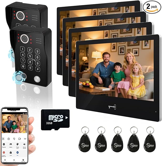 Wired Video Apartment Intercom System,Door Phone Kit,10 Inch Touch Monitor with 1080P HD Doorbell Camera,Supporting Motion Detecting 5 in 1 RFID Card Unlcking for Home Villa (2 Doorbell + 4 Monitor)