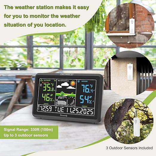 DreamSky Weather Station Indoor Outdoor Thermometer Wireless with Digital Atomic Clock for Home, Large Display with Dimmer, USB, Inside Outside Temperature Humidity Monitor (Adapter Powered)-3 Sensor