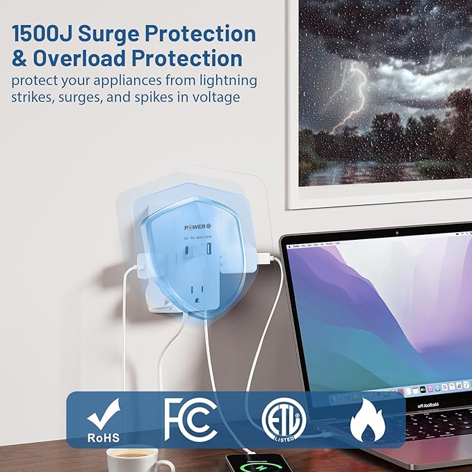 Electrical Outlet Extender with USB Ports (3C1A), Snug Wall Outlet with Night Light, Surge Protector, Wall Plug Adapter for Multiple Devices, Wall Socket Expander