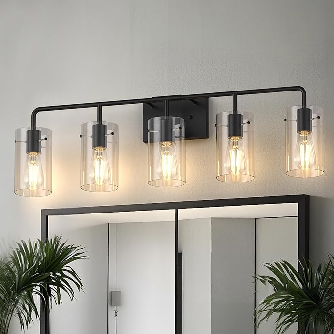 L LOHAS LED 5-Light Bathroom Light Fixtures, 33.85" Black Bathroom Vanity Light with Straight Glass Shades, Modern Vanity Lights for Bathroom Light Fixtures Over Mirror Living Room Hallway, E26, ETL