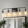 L LOHAS LED 5-Light Bathroom Light Fixtures, 33.85" Black Bathroom Vanity Light with Straight Glass Shades, Modern Vanity Lights for Bathroom Light Fixtures Over Mirror Living Room Hallway, E26, ETL