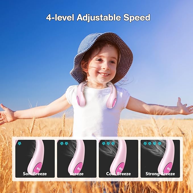 Kids Neck Fan, Portable Bladeless Fans for Kid 4-14Y Girls & Boys, 2600mAh USB Personal Mini Cooling Fan for Travel/Camping/Study, 4 Speeds, Lightweight, Compact, Perfect Summer Gifts for Kids
