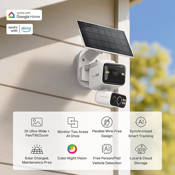 Tapo 2K Dual Lens Pan/Tilt Security Battery Camera Wireless w/Solar Panel, 165° Wide-Angle + 6mm Telephoto, Free Person/Vehicle Detection, 360° Pan, SD/Cloud Storage, Works w/Alexa & Google, C645D KIT