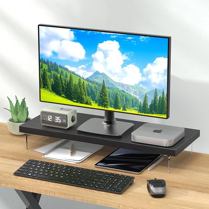 SSWOOD Monitor Stand Riser, Wood & Acrylic Computer Monitor Stand Desk Desktop Organizer Table for Home, Office Workspace, Laptop Riser, Printer, PC & TV Screen Riser