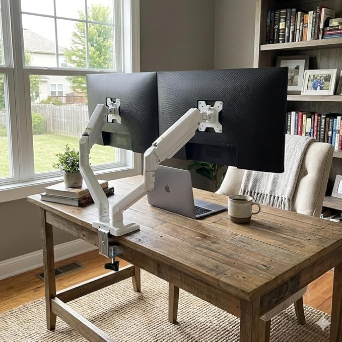 XEVKZO Dual Monitor Arms, Gas Spring Monitor Arms for 2 Monitors up to 34" Curved/Flat, 22lbs per Arm, VESA Mount 75x75 100x100mm, C-Clamp & Grommet Base, Adjustable Tilt/Swivel/Rotation White