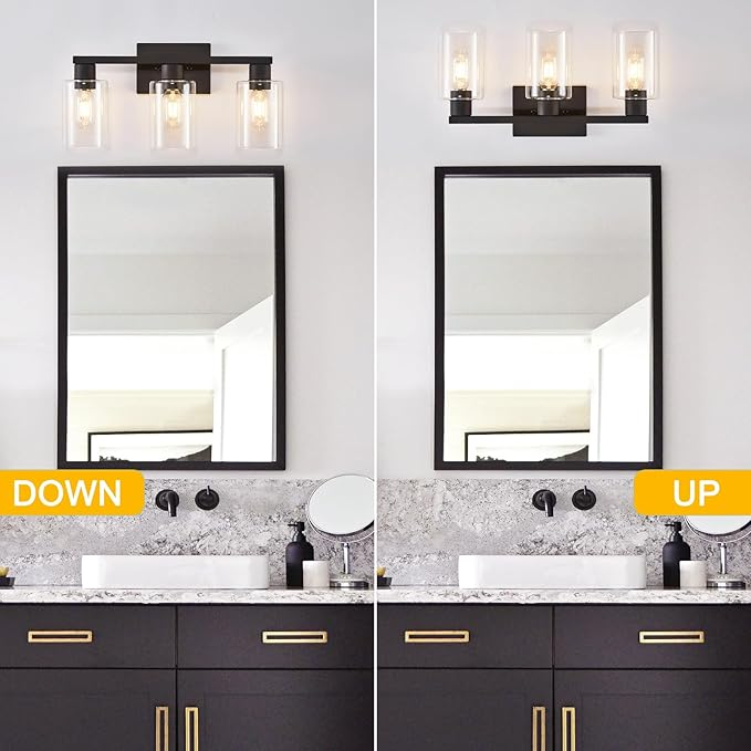 SOPEAS 3-Light Bathroom Vanity Light, Black Vanity Lights with Clear Glass Shades, Bathroom Wall Sconce Lamp for Mirror Living Room Bedroom Hallway
