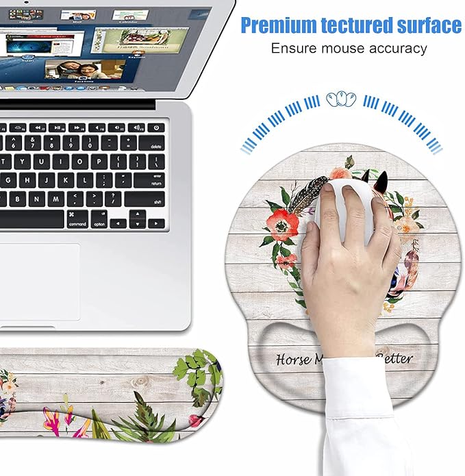 Keyboard Wrist Rest + Mouse Pad Wrist Support Set with Coasters, Non-Slip PU Base Ergonomic Mousepad for Home Office Working Studying Easy Typing & Pain Relief, Horse Theme, Horses Make Life Better
