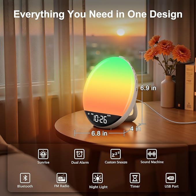 DreamSky Sunrise Alarm Clock Radio for Bedroom with Sound Machine - Dual Wake up Light Alarm Clock for Kids Adults, Digital FM Radio, Bluetooth Speaker, 26 Sleep Sounds for Baby, Dimmable Night Light