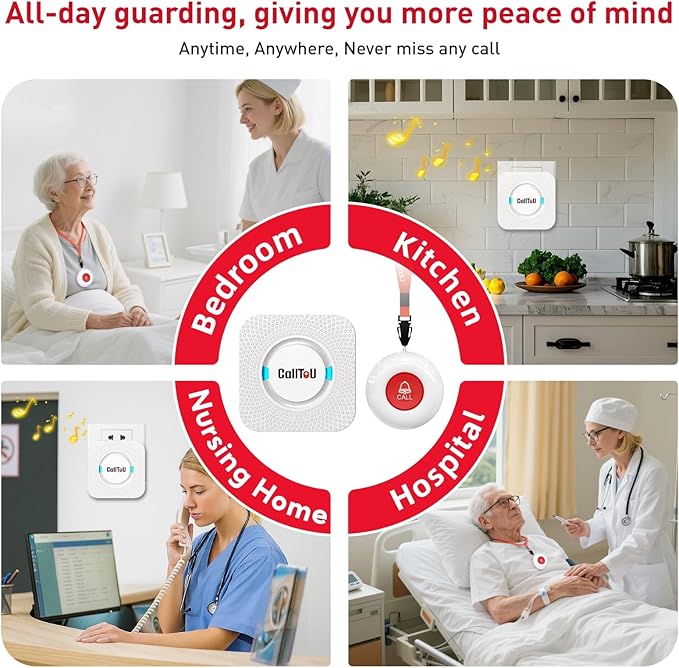 CallToU Elderly Monitoring Call Button Wireless Caregiver Pager Smart Senior System with Light Personal Buzzer Alarm 2 Portable Transmitters 1 Plugin Receiver