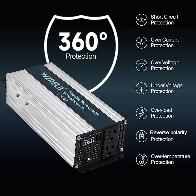 WZRELB 1000W Pure Sine Wave Inverter 36V DC to 110V 120V AC Power Converter with LED Display, Off-Grid Portable Power Inverter with 2 AC Outlets for Home, RV, Truck, Camping