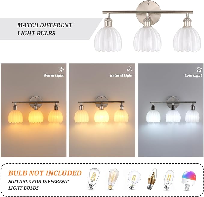Shenmoyl Bathroom Light Fixtures, 3-Light Vanity Wall Light Over Mirror with White Tulip Glass Shade for Bedroom Living Room (Bulb Not Included), Satin Nickel