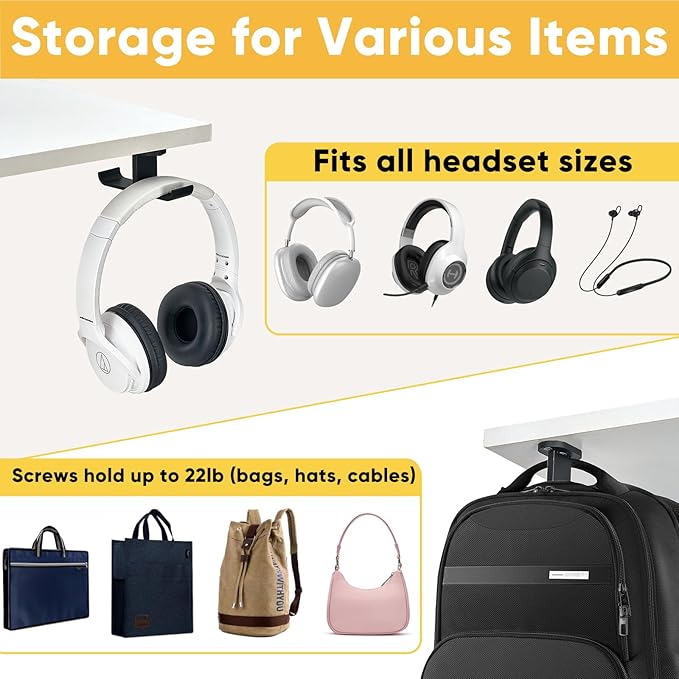 Under Desk Headphone Hanger with Strong Adhesive and Screws Mount, 360° Rotatable Dual Headset Holder Stand, Aluminum Metal Adjustable Headphone Hook, Perfect for Home Gaming & Office - Black