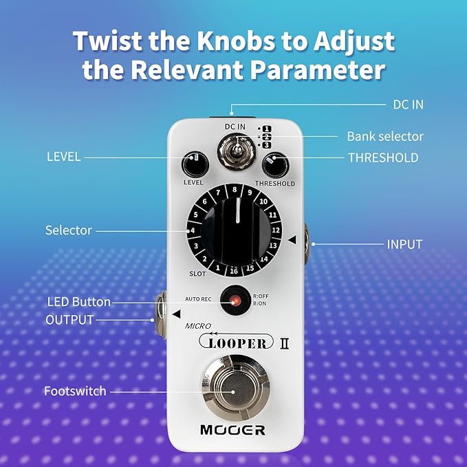 MOOER Micro Looper II Guitar Loop Pedal With 480 Minutes Recording, AUTO REC Function, 3 Saving Banks and 16 Slots Per Bank