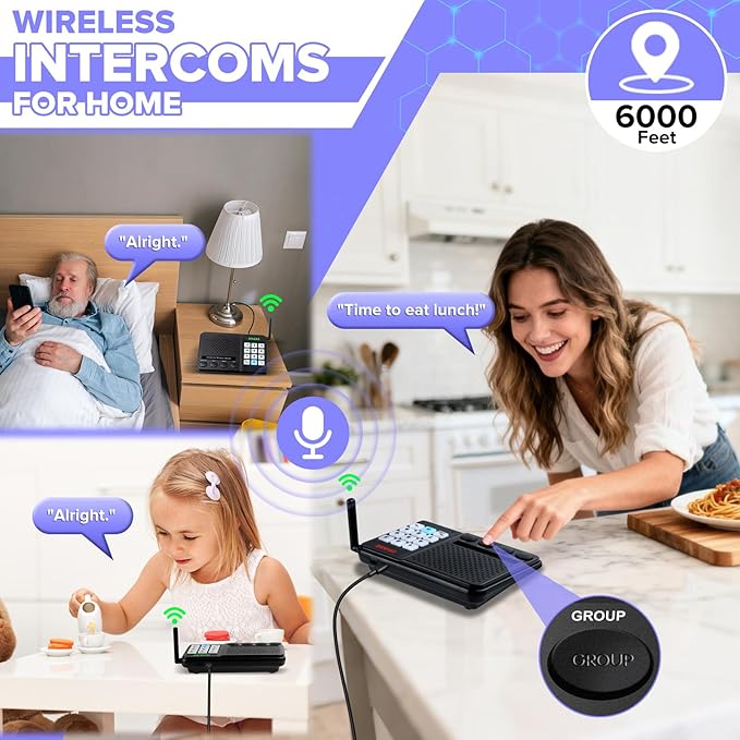 UHAXZ Intercoms Wireless for Home, Long Range Wireless Intercom 6000ft, Intercoms for Home with Group Call, Monitor Function, 8 Volume Levels Intercom System for House Business Office Elderly(2 Packs)