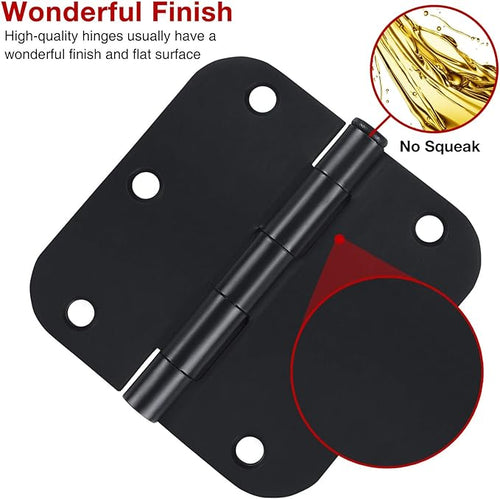 24 Pack Rounded Matte Black Door Hinges 3.5 inch x 3-1/2", 5/8 Radius Storage Hinge with White Interior Decoration Doors Classic Colour Coordination Closet Shed Hardware for Inside Home Improvement