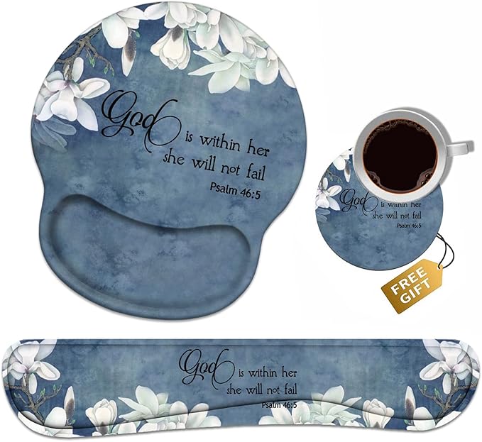 Keyboard Wrist Rest + Mouse Pad Wrist Support Set with Coasters, Non-Slip PU Base Ergonomic Mousepad for Home Office Working Studying Easy Typing & Pain Relief, Quote Bible Verses Psalm 46:5