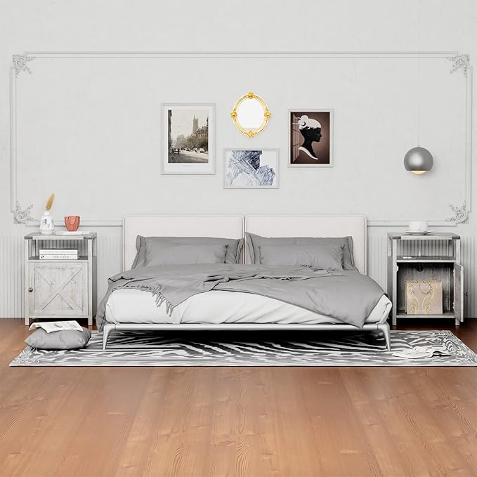 HOSEOKA Farmhouse Nightstand with Charging Station, Grayish White End Table Bedroom with Storage Living Room Side Table Beige Night Stand Industrial Bedside Bed Table with USB Ports and Outlets