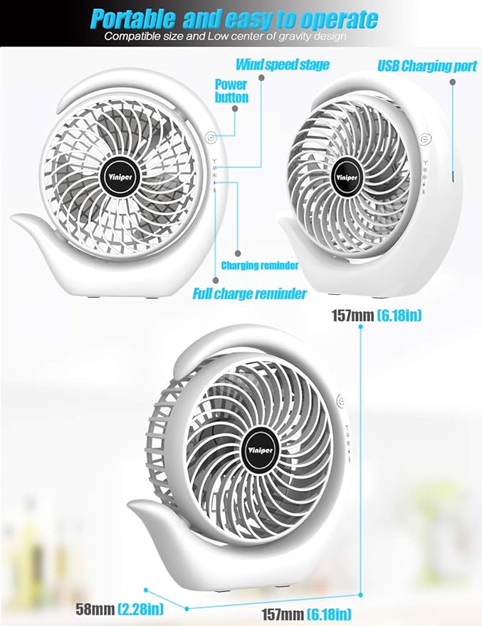Viniper Portable Rechargeable Fan, Small Desk Fan : 3 Speeds & about 8-24 Hours Longer Working, 180 Rotation, Portable Desktop Fan Small but Mighty, Strong Wind (White, Light Black Blade)6.2 Inch