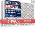 BNX TruFilter 20x30x1 Air Filter MERV 13 (4-Pack) - MADE IN USA - Electrostatic Pleated Air Conditioner HVAC AC Furnace Filters for Allergies, Pollen, Mold, Bacteria, Smoke, Allergen, MPR 1900 FPR 10