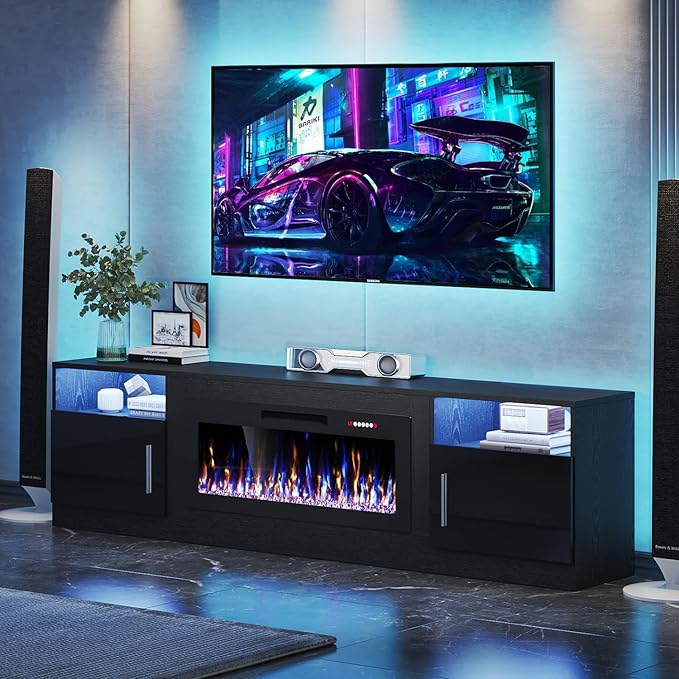 VITESSE TV Stand with 36" inch Electric Fireplace Up to 90" TVs, LED Light Entertainment Center, 80" Modern Wood High Gloss Fireplace with Highlight Storage Cabinet for Living Room (Black)
