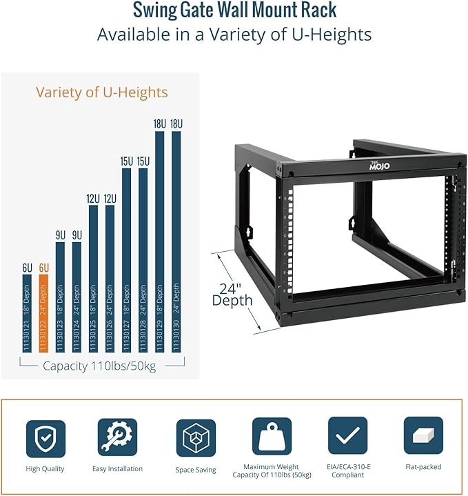 Tecmojo 6U Wall Mount Server Rack Swing Gate, 19in Computer/AV/Data/IT/Media Equipment, Black, Cold Rolled Steel, 24in Depth, Square&Tapped Holes