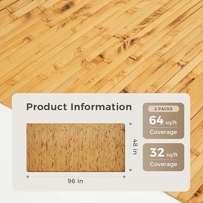 OUZUGIE 2 Pack 96x48 Inch Natural Bamboo Wall Panel – Yellow Burned Pole Wrap Paneling for Walls, Ceilings, Cabinets, Furniture – Ideal for Bedroom, Living Room & Office DIY Decor