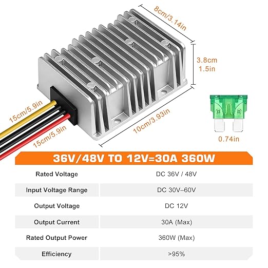36V 48V to 12V Converter 30A 360W Waterproof DC-DC Step Down Voltage Regulator Reducer with Fuse, Buck Power Supply Transformer for Golf Cart, Forklift, Car