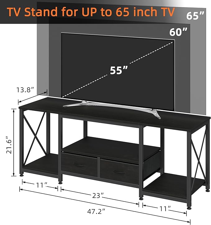 GYIIYUO TV Stand with Fabric Drawer for 50 55 Inches TV - Entertainment Center and Industrial TV Console Table with Open Storage Shelves for Living Room, Bedroom - 47" Black