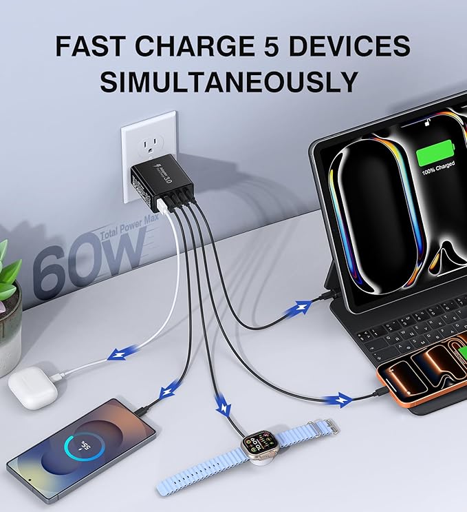 [2-Pack] USB C Wall Charger, 60W Type C Charger Block 5-Port Fast Charging Blocks,3USB C+2USB A Multiport Plug,PD Power Adapter Brick Cube for iPhone 17/16/15/14/13/Pro,iPad,Samsung,for Switch（Black）