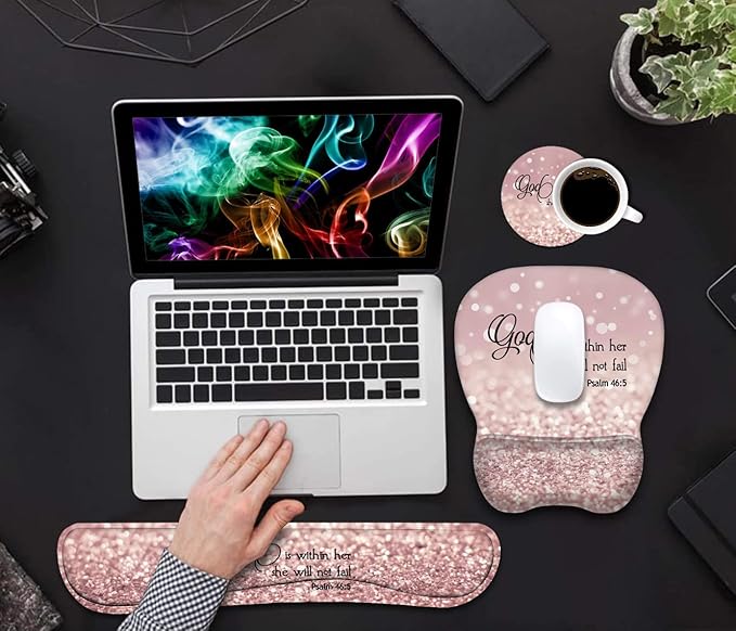 Ergonomic Mouse Pad Wrist Support and Keyboard Wrist Rest Set with Coasters, Non-Slip PU Base, Easy Typing & Pain Relief for Computer Laptop Home Office, Bible Verse Psalm 46:5