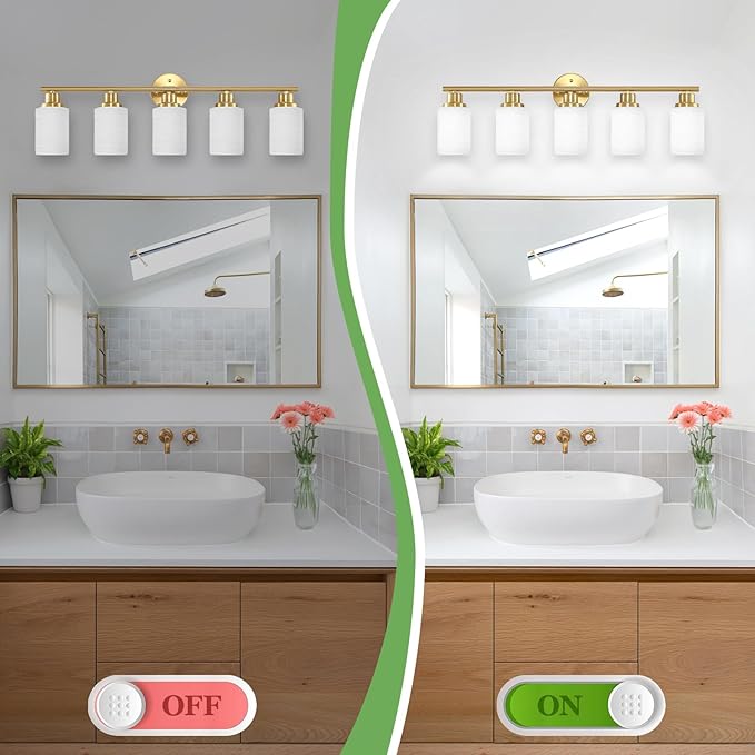 Guliaofo 5-Light Vanity Lights, Brushed Gold Bathroom Light Fixture with Striped Textured Milky White Glass Shade, E26 Modern Vanity Lighting Fixture for Bathroom Wall Sconce Light Over Mirror