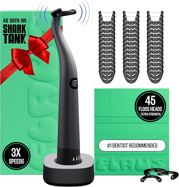 FLAUS Electric Flosser (Oprah's List, Shark Tank) 3 Speeds + 45 Refill Heads (Extra Strong Woven Floss for Durability) Water Flosser Alternative, Dentist Recommended Tooth Flossers Dental Floss Picks