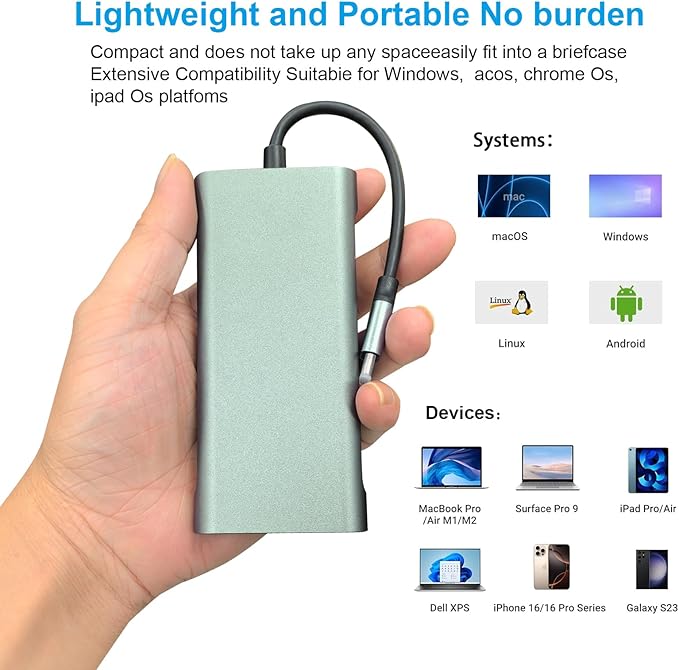 Vrebrey USB C Hub 11-in-1 Docking Station, Type-C Multiport Adapter with 4K HDMI, VGA, 100W PD, USB 3.0, RJ45 Ethernet, SD/TF Card Reader, AUX, Compatible with MacBook Pro/Air, Chromebook, Laptops