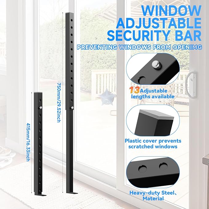 ZhouDaShu Adjustable Window Security Bars, Window Bars Security Inside Vertical, Window Bar Lock Prevent Burglary, Window Safety Bars for Children, Window Stick Extend from 16.3-29.3 in(Black -2 pcs)