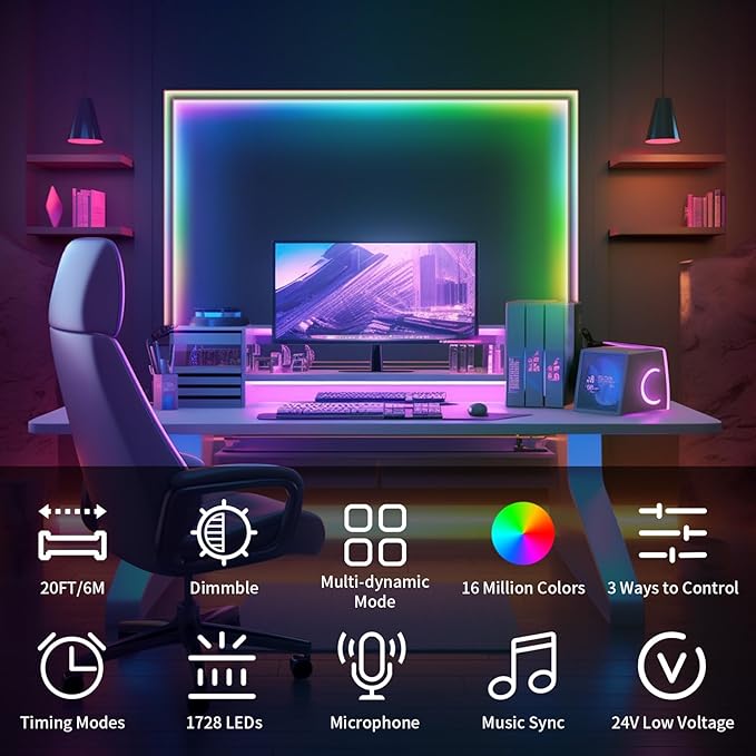 BUNACET 20FT LED Strip Lights COB Smart IC, 24V RGB LED Lights for Bedroom with RF Remote Smart App Button Controller Music Sync Color Changing Strip Lights for Game Room Kitchen Cabinet Lighting