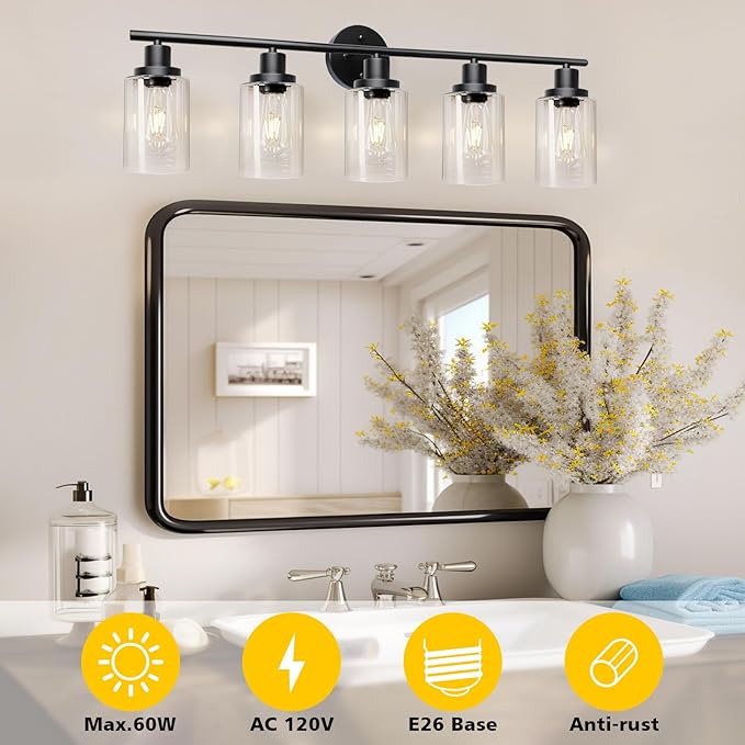 Unicozin Modern Bathroom Light Fixtures, 5 Light Vanity Lights, Black Wall Lamp with Clear Glass for Bathroom, Mirror, Living Room, Bedroom, Hallway, E26 Base
