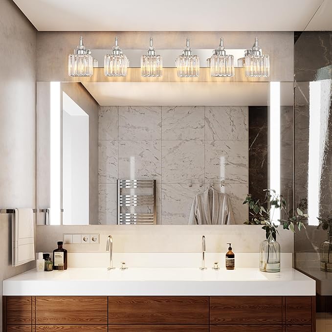 BBLLWJ 6 Light Bathroom Vanity Light Modern Chrome Vanity Light Fixtures Bathroom Light Fixtures Over Mirror Crystal Vanity Lighting Fixtures