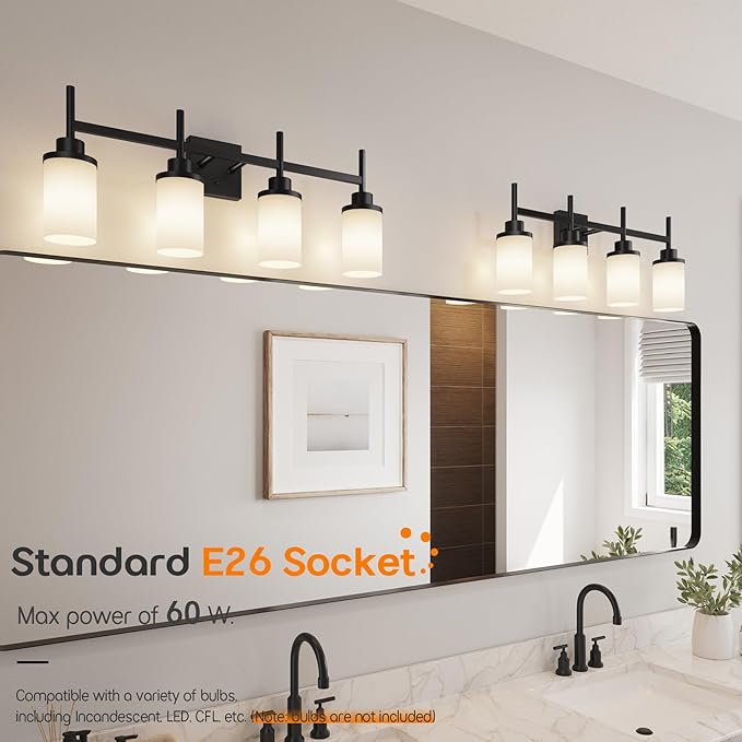 AONEON Wall Light Fixtures 4-Light Over Mirror, Matte Black Vanity Lights with White Frosted Glass Shade, Wall Sconces for Bathroom Kitchen T001MB-L4