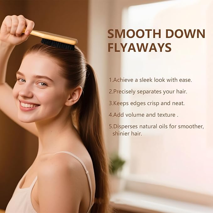 SWEET VIEW Boar Bristle Slick Back Hair Brush for Smooth Flyaways, Frizz, Sleek Ponytail, Buns and Edge Baby Hair, Teasing | Gel Comb Styling Accessories for Girls, Kids and Women