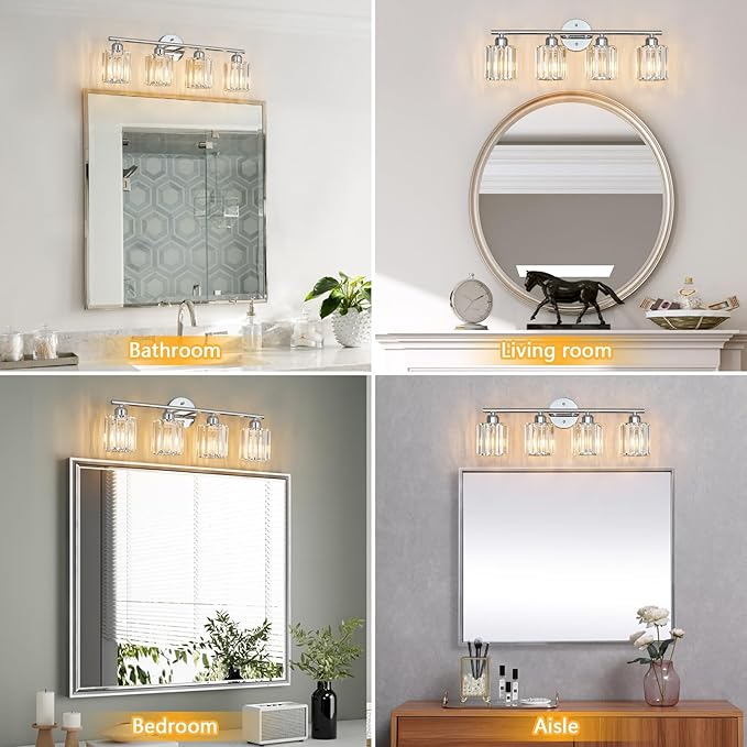 FDPBY Modern 4 Light Crystal Vanity Light, Chrome Vertical Bathroom Light Fixture Over Mirror for Dressing Table Sink, Compatible with Dimmable Bulbs (Bulbs Not Included)