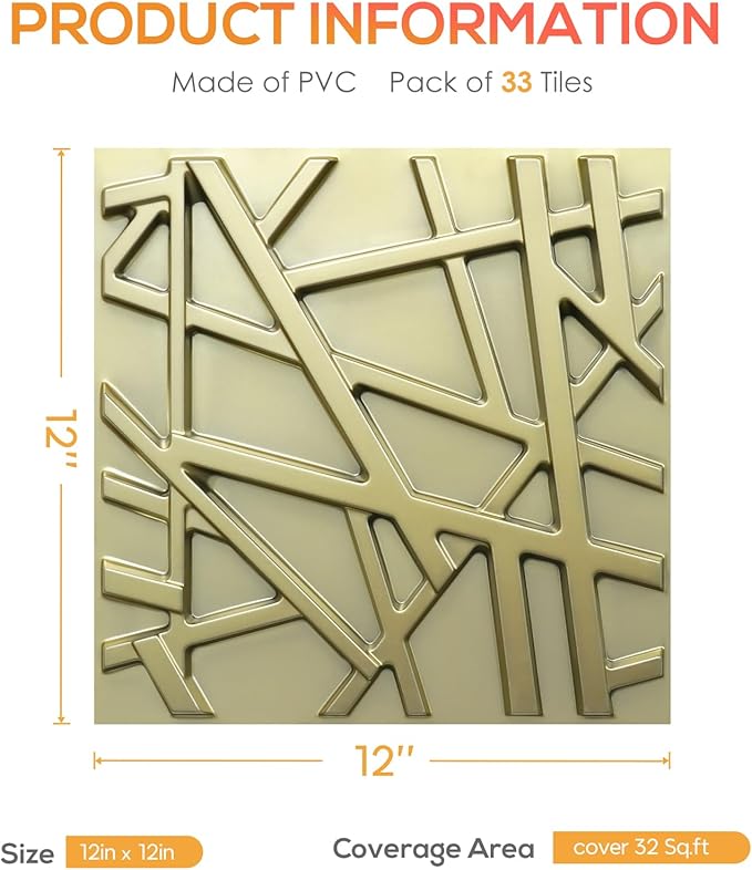 LEVOWAY 33 Pack 3D Wall Panels for Interior Wall Decor, 12''x12'' Champaign Gold Accent Textured Wall Panels, Wall Covering Panles for Living Room, Gaming Room, TV Background, Cover 32 Sq.Ft