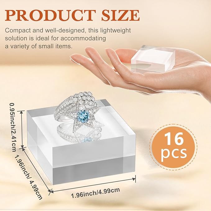 SAMYUCHO Acrylic Base 16 Pieces Acrylic Blocks for Display 2 X 2 X 1 Inch Square Riser Display Stands Trophy Base Pedestal Stands Clear Cube for Trophy Jewelry Props Food Party Crafts