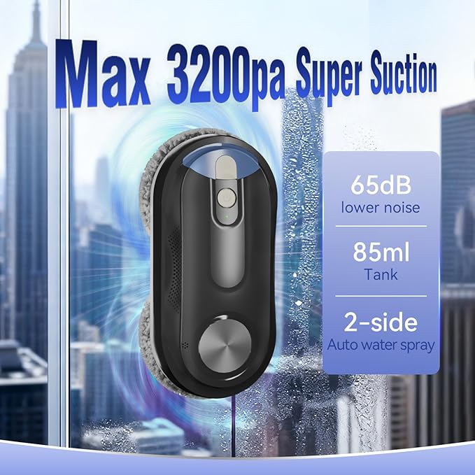 KKI Window Cleaning Robot, Automatic Window Cleaner Robot, Dual Spray, Max 3200Pa, AI Path Planning & Edge Detection, Remote Control for High-Rise Windows, Glass,Door,10xCloths, X3 (Black)