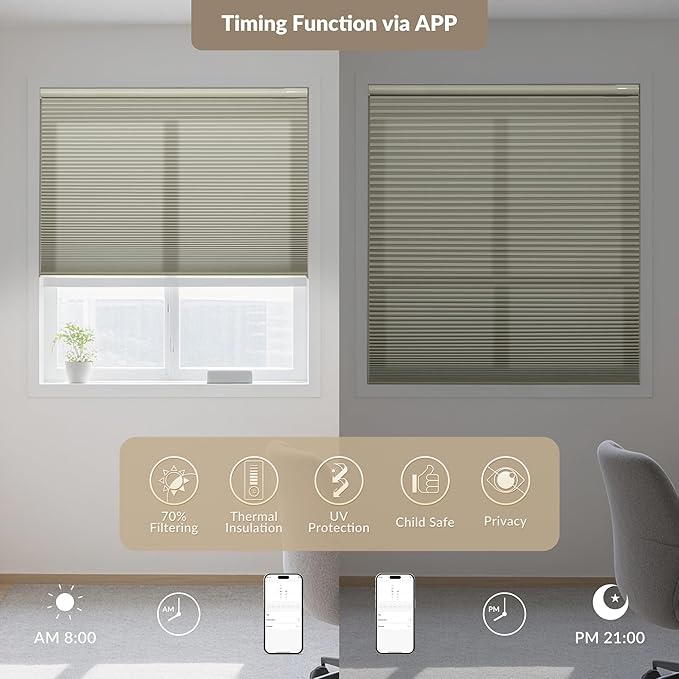 Boolegon No Drill Motorized Cellular Blinds with Remote Motorized Blackout Honeycomb Blinds for Indoor Windows Easy to Install Automatic Cellular Shades for Home,Light Filtering Beige,Custom Size