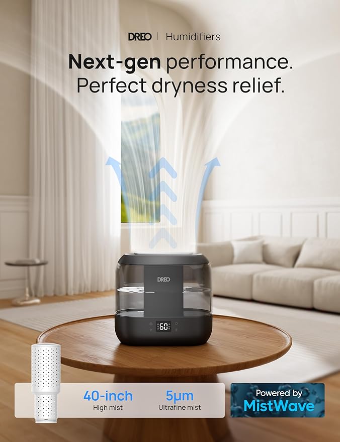 DREO Smart Humidifiers for Bedroom, Top Fill 4L Supersized Humidifier Large Room with 28 dB, 36H Runtime, Touch/APP/Voice Control, Nightlight, Cool Mist Humidifiers for Baby, Plants, Indoor, Ebony