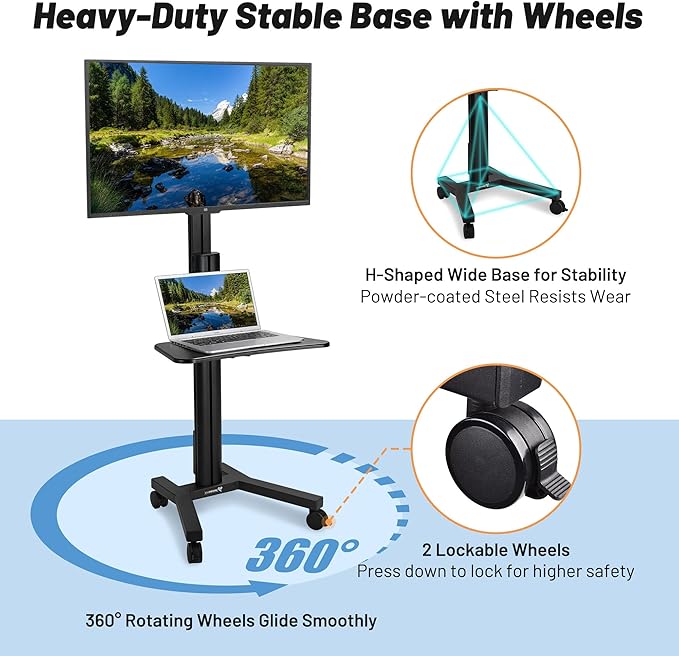 AW Rolling TV Stand Mobile TV Cart Height Adjustable for 32" to 65" LCD LED Screen TVs Office Meeting